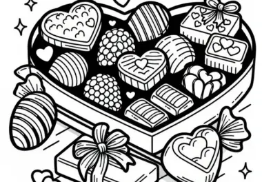 Pralinen in Herzkiste: Einfaches Ausmalbild zum Valentinstag (Gratis)