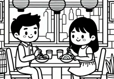 Niedliches Pärchen im Restaurant zum Valentinstag: Einfache Malvorlage zum Herunterladen (Kostenlos)