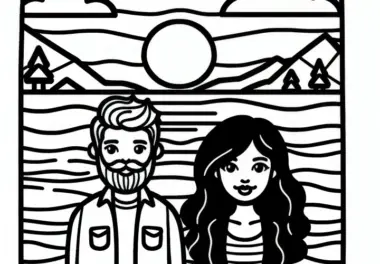 Pärchen bei Sonnenuntergang am See: Ausmalbild zum Valentinstag (Kostenlos)
