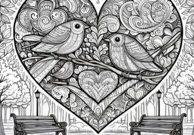 Großes Herz mit Vögeln im Park: Ausmalbild zum Valentinstags (Kostenlos)
