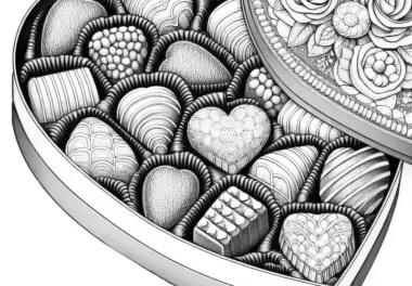 Detailreiche Pralinen in Herzkiste: Ausmalbild zum Valentinstag (Gratis)