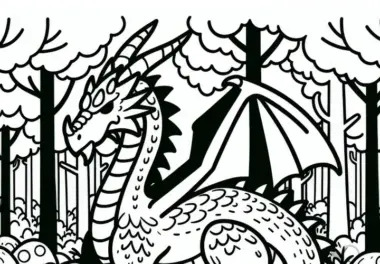 Großer Drache im Wald: Kostenloses Ausmalbild
