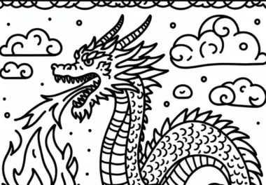 Großer feuerspeiender Drache: Einfaches Ausmalbild (Gratis)