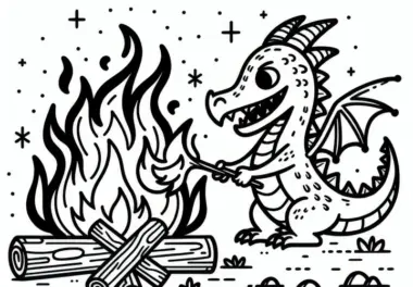 Drache entzündet Lagerfeuer: Einfache Malvorlage (Gratis)