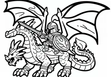 Großer Drache, auf dem ein Held reitet: Einfaches Ausmalvorlage (Kostenlos)