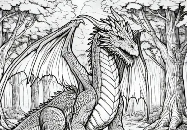 Großer Drache in einem Wald: Gratis Ausmalbild