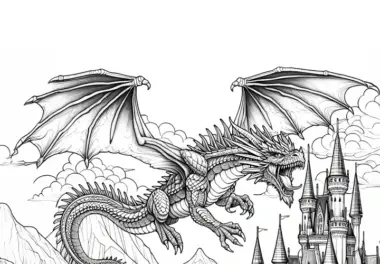 Imposanter Drache über einer Burg: Realistisches Ausmalbild (Kostenlos)