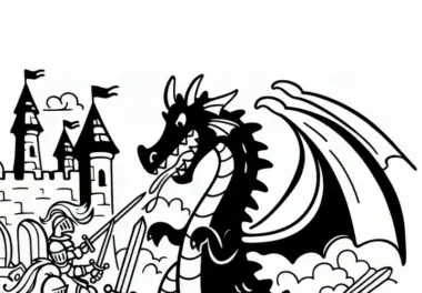 Drache im Kampf mit Rittern: Einfaches Ausmalbild (Kostenlos)