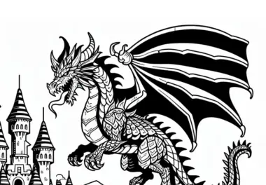 Mächtiger Drache über Burg: Einfache Malvorlage (Gratis)