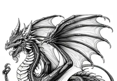 Großer Drache, der seine Flügel spreizt: Malvorlage zum Download (Gratis)