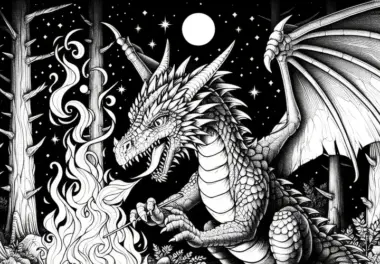 Drache entzündet Lagerfeuer: Ausmalbild zum Herunterladen (Kostenlos)