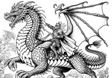 Ein Held reitet auf einem großen Drachen: Kostenlose Malvorlage