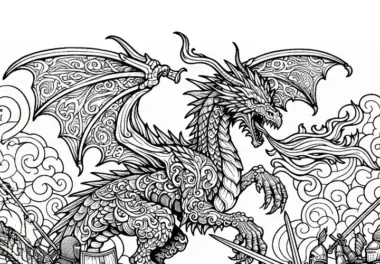 Drache im Kampf mit Rittern: Schöne Malvorlage zum Download (Gratis)