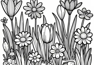 Blumenwiese: Gänseblümchen, Tulpen, Narzissen, Krokusse (Ausmalbild)