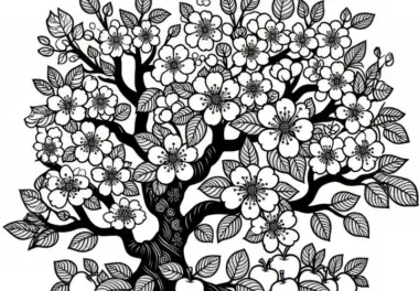 Blühender Birnbaum im Frühling: kostenlose Malvorlage