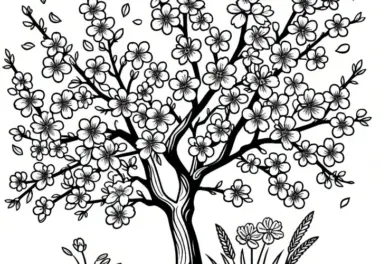 Blühender Mandelbaum im Frühling: gratis Ausmalbild