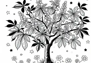 Blühende Kastanie im Frühling: gratis Ausmalbild