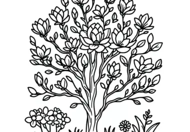 Blühende Magnolie im Frühling: kostenlose Malvorlage