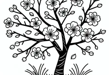 Blühende Zierkirsche im Frühling: gratis Ausmalbild