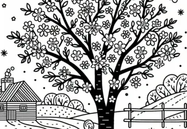 Blühende Esche im Frühling: kostenlose Malvorlage