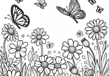 Schmetterlinge über Blumenwiese im Frühling (Malvorlage)