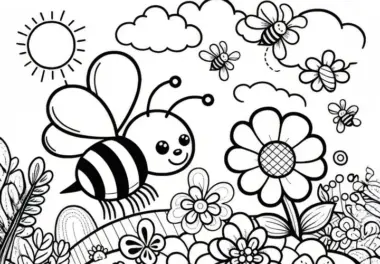 Bienen über Blumenwiese im Frühling: Ausmalbild