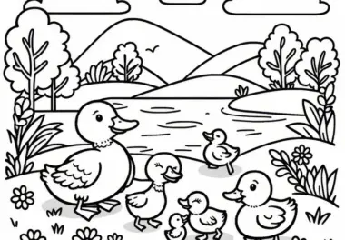 Entenfamilie am Teich im Frühling: kostenlose Malvorlage