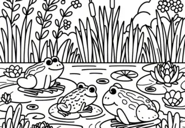Teich mit Fröschen, Schilf und Seerosen: kostenloses Ausmalbild
