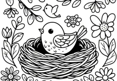 Junger Vogel im Nest: Frühlings-Ausmalbild kostenlos