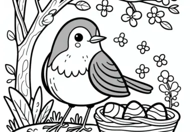 Rotkehlchen im Frühling: gratis Ausmalbild