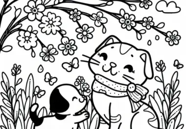Katze & Welpe beim Spielen im Frühling: gratis Malvorlage