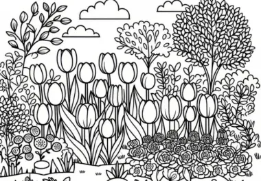 Tulpenbeet im Garten: gratis Malvorlage für den Frühling