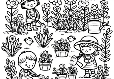 Kinder pflanzen Blumen im Garten: kostenloses Frühlingsausmalbild