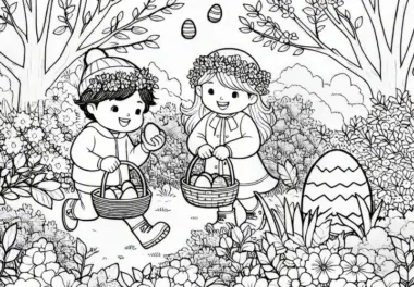 Ostereiersuche im Garten: gratis Ausmalbild für den Frühling