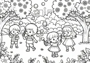 Kinder mit Seifenblasen im Garten: frühlingsfrisches Ausmalbild