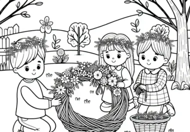Kinder flechten Blumenkranz im Garten: Frühlings-Malvorlage