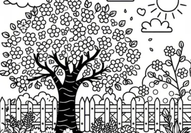 Kirschbaum im Garten im Frühling: gratis Malvorlage