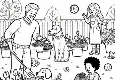 Familie im Garten im Frühling: kostenloses Ausmalbild