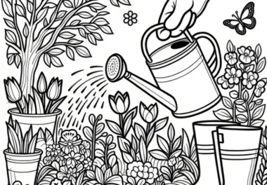 Gartenarbeit mit Gießkanne im Frühling (Ausmalbild)