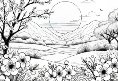 Sonnenaufgang im Frühling über blühender Landschaft: Ausmalbild