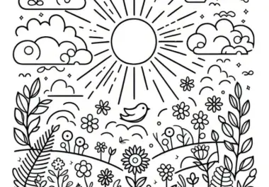Frühlingshimmel mit Sonne & Wolken: gratis Malvorlage