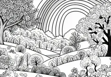 Regenbogen über Frühlingslandschaft: gratis Malvorlage