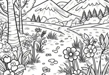 Wanderweg mit Blumen am Wegrand: Ausmalbild