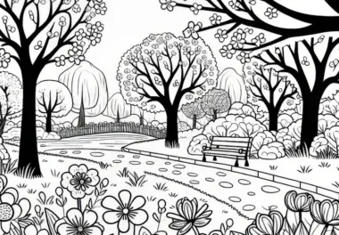 Park mit blühenden Bäumen & Blumen im Frühling: Ausmalbild
