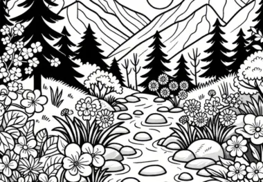 Gebirgsbach & blühende Blumen im Frühling: Malvorlage