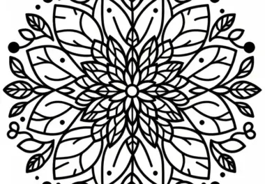 Frühling-Mandala mit Blättern: gratis Ausmalbild