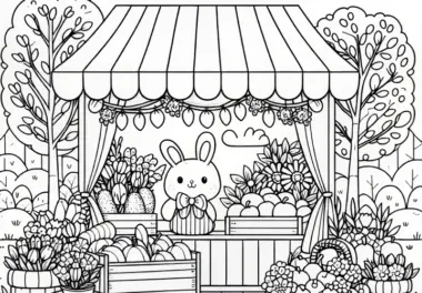Frühlingsmarkt-Stand mit Blumen, Obst & Dekorationen: Malvorlage