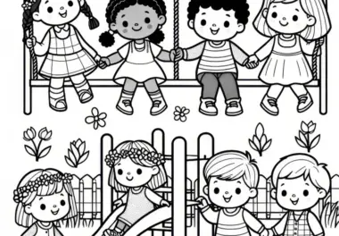 Kinder auf dem Spielplatz im Frühling: kostenloses Ausmalbild