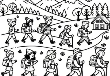 Wandern im Frühling: gratis Ausmalbild