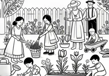 Menschen und Pflanzen: Erste Blumen im Garten im März als Malvorlage (Kostenlos)